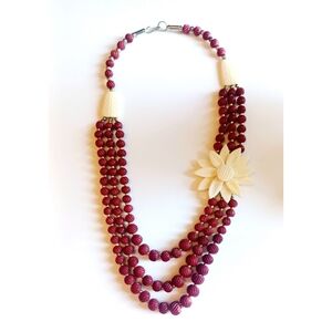 Vintage Dark Red Carved Multi Strand Bead Necklace With Ivory Color Flower